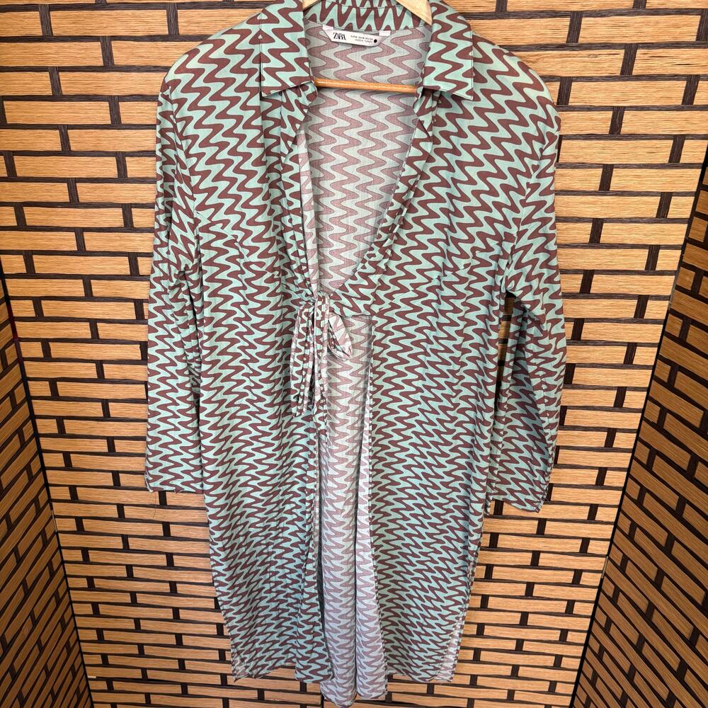Zara Blue And Brown Tie‎ Front Cardigan Size Medium